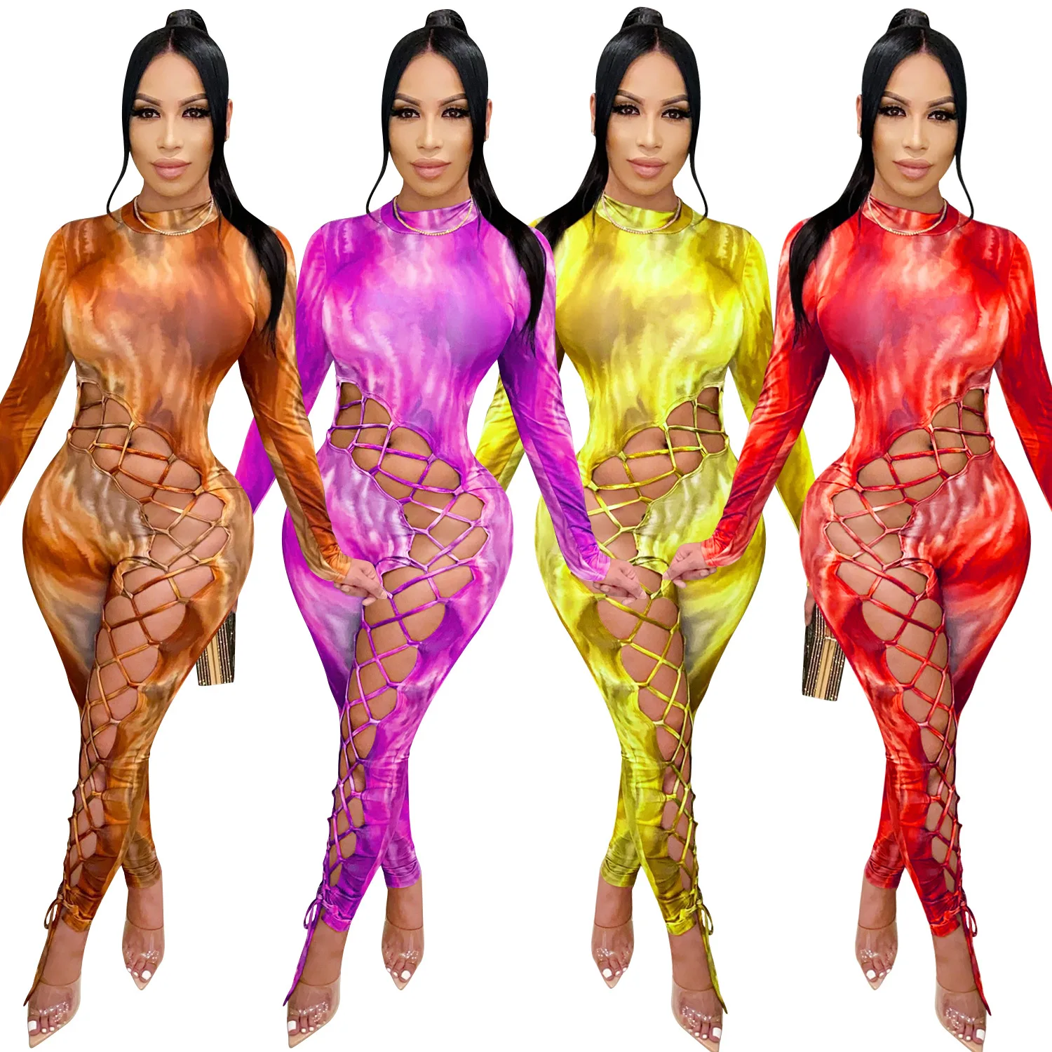 

Women Tie Dye Print Jumpsuit Long Sleeve Sexy Cut Out Lace Up Bodyco Romper Backless Night Club Wear One Piece Outfits S-XXL