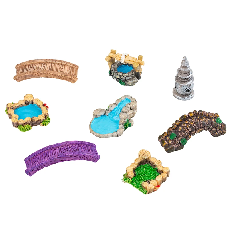 

8 Styles Retro Micro Landscape Tower Water Well Bridge Figurine Miniature Model Craft Bonsai Resin Ornament Home Garden Decor