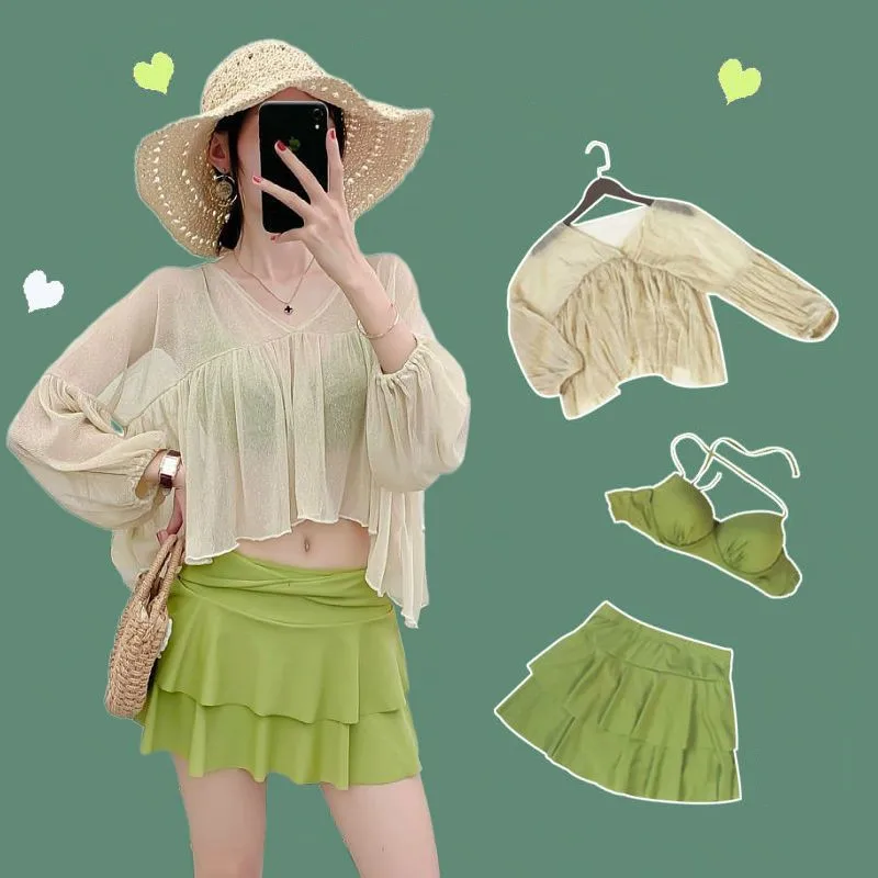 

Новинка 2021, купальный костюм, корейский купальник феи, Женская юбка с разрезом, Горячая весна, бикини, костюм-тройка, пляжная одежда