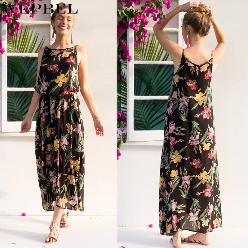 

WEPBEL Dress Women's Casual Beach Loose Dress Summer Fashion Sleeveless Backless Spaghetti Strap Tassel Dress