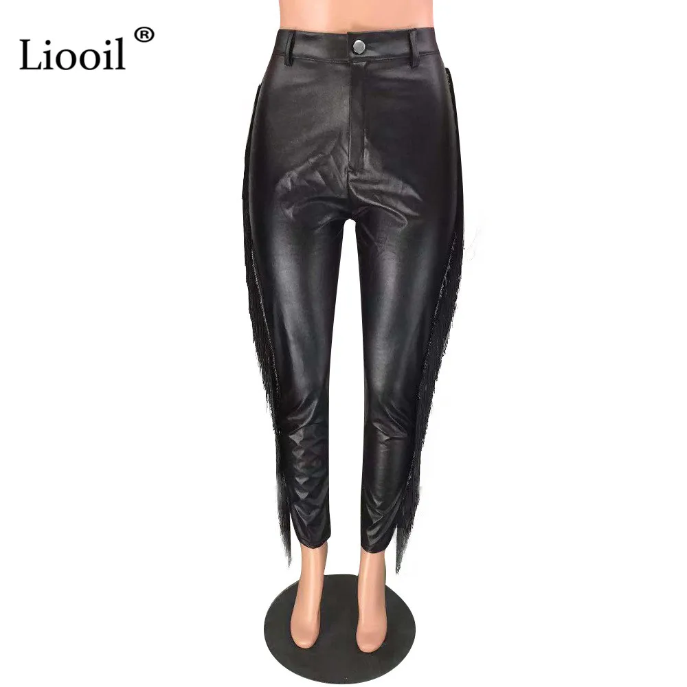 Liooil, искусственная кожа, с кисточками, узкие брюки, женские, черные, слаксы,, осень, зима, уличная одежда, Сексуальные клубные брюки, высокая талия, длинные штаны