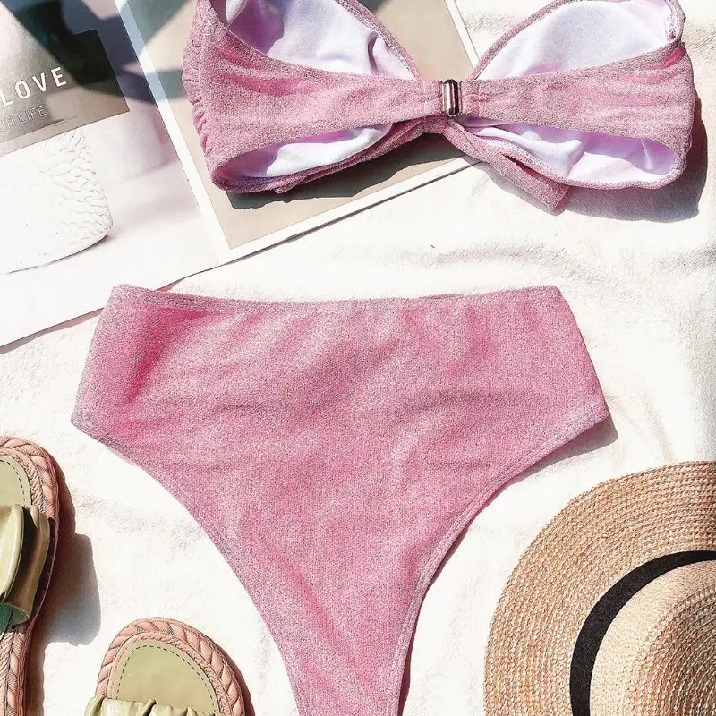 

Women Sexy Bikini Set Shiny Solid Color Swimsuit Strapless Bowknot Bathing Suit Summer High Waisted Beachwear