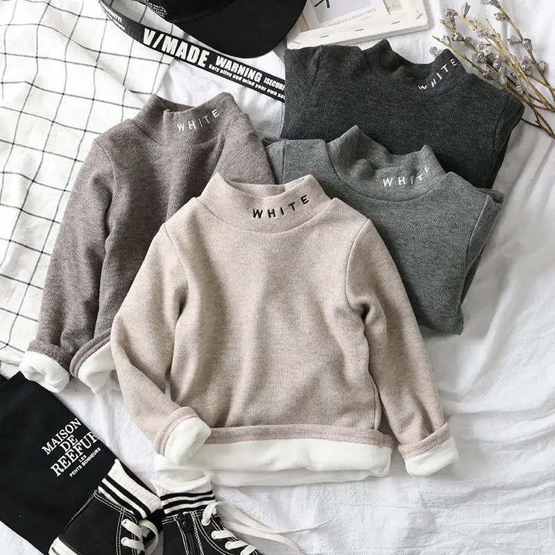 

Boys Thick Velvet Sweaters Winter Children Casual Warm Pullover Sweater For Baby Girls Kids High neck T-shirt Clothing Toddler 6