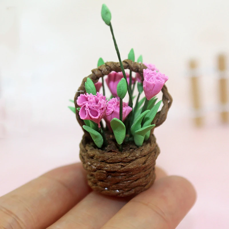 1/12 Dollhouse Miniature Accessories Mini Flower Basket Carnation Simulation Garden Potted Plant Model for Doll House Decoration