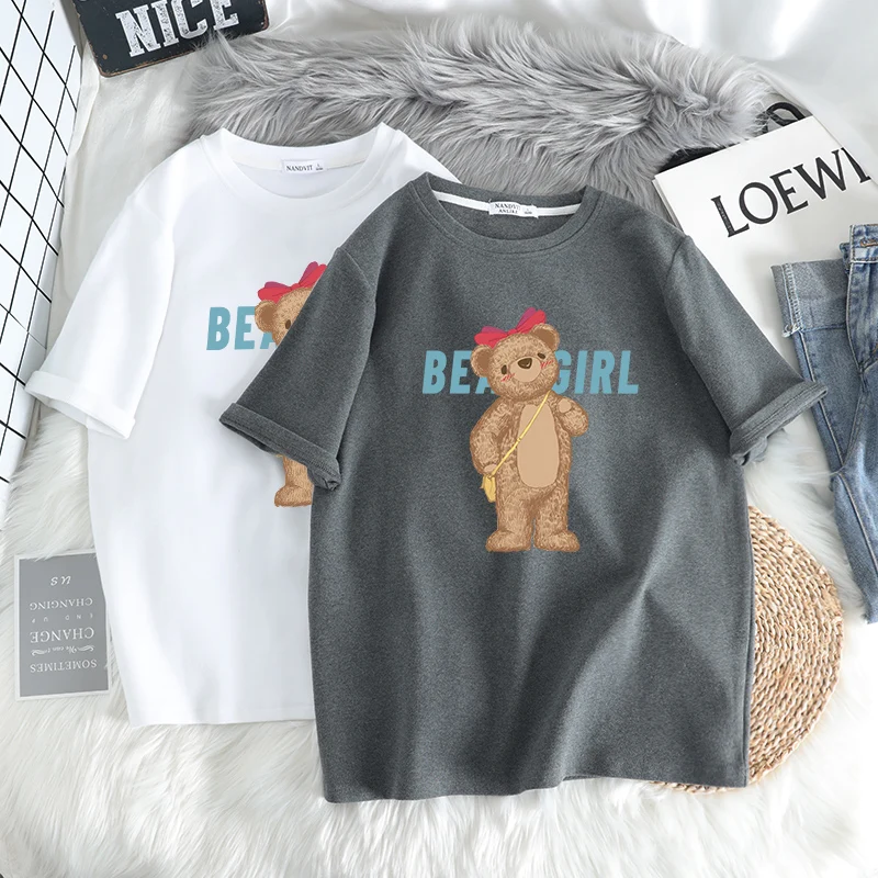

Bear Girl Graphic Cartoon Printed Tee Autumn 2021 Women's Clothing Cotton Harajuku Pink Top Female Cottagecore Elegant Blouses