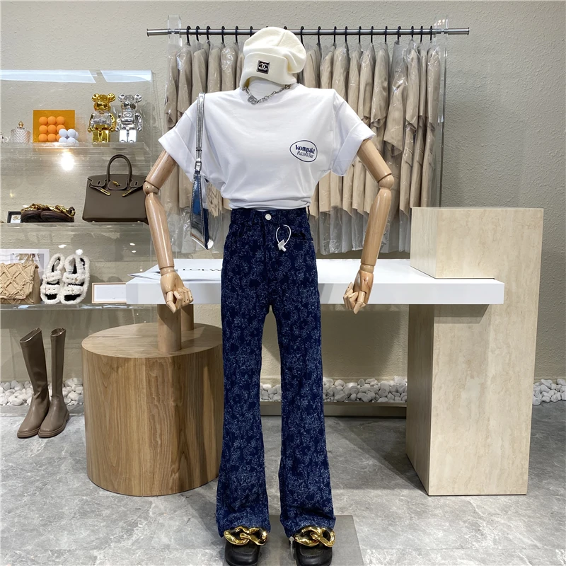 

Niche Design 2021 Vintage Jacquard Jeans With Fashion Print High Waist Slim Pants