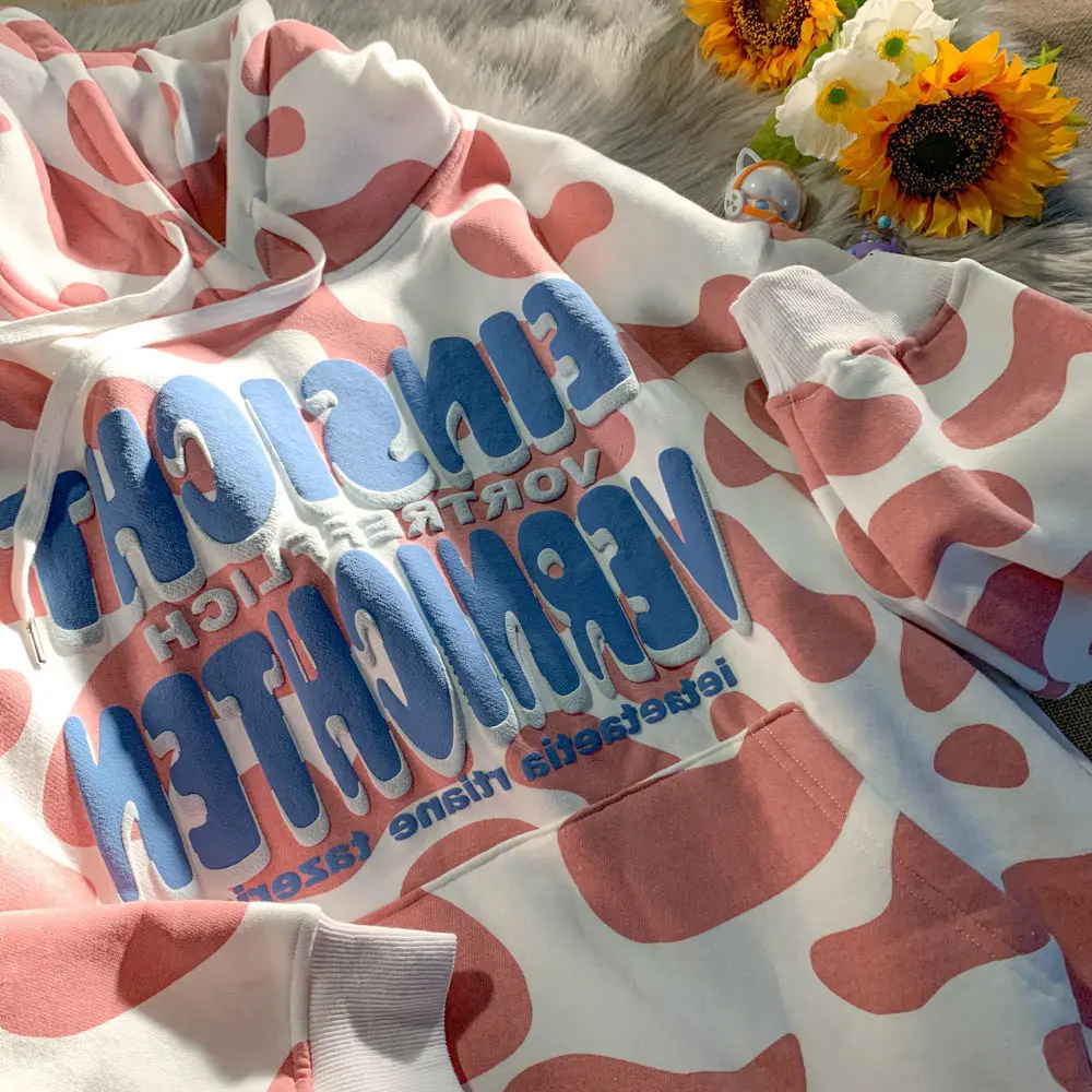 Корейские толстовки с графическим принтом коровы 2021 свитшоты уличная одежда для