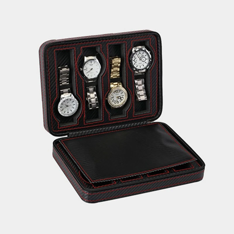 

2pcs Portable Black Carbon Fiber PU Leather Watch Zipper Storage Bag Travel Jewlery Watch Box - 2 Slots & 8 Slots