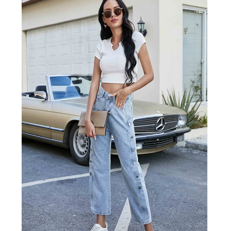 

2021 Summer New Blue Straight Denim Vintage Slender Office Lady Jeans Women Trousers High Waist Large Size Pants Female