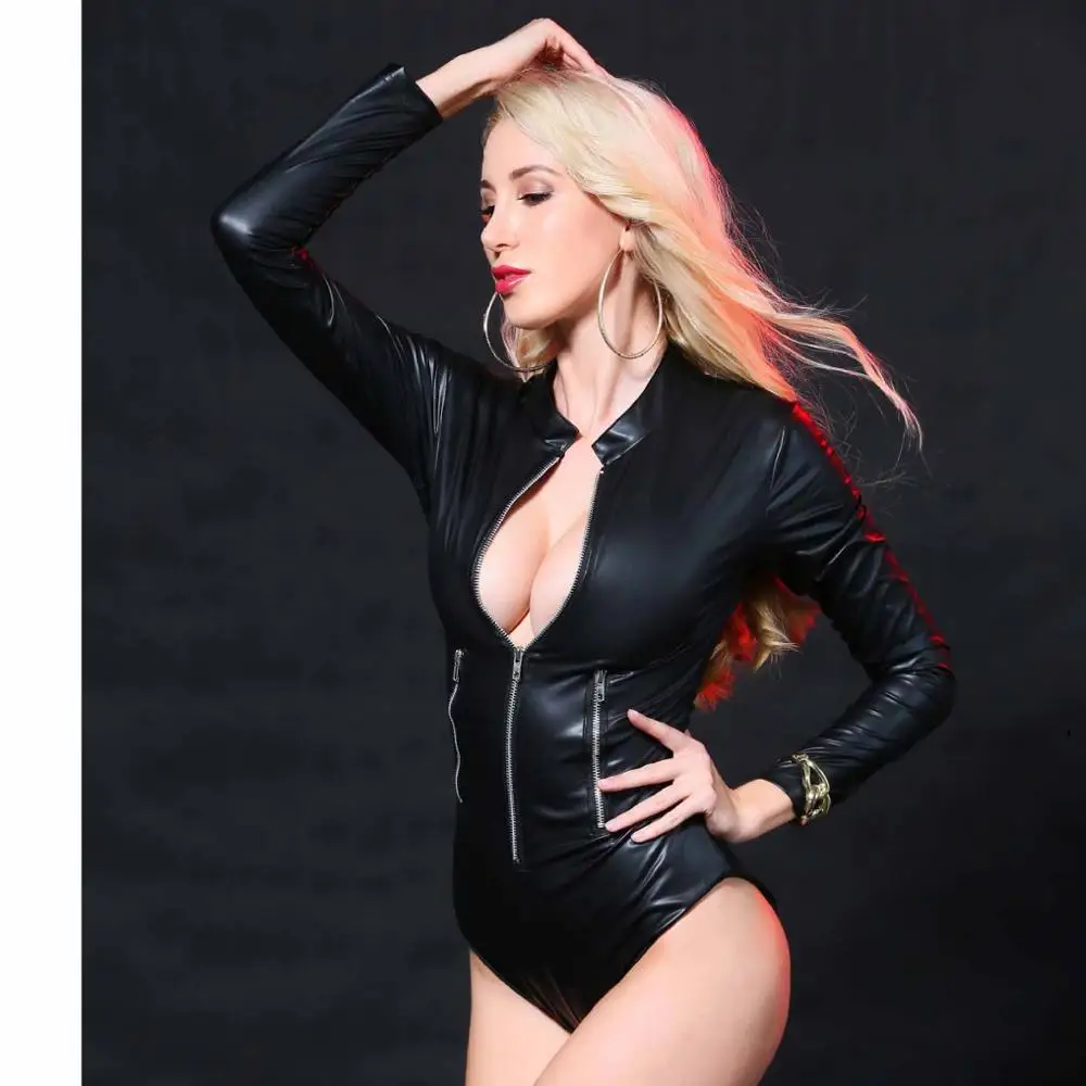 Женский комбинезон с длинным рукавом эротический черный из лакированной кожи на