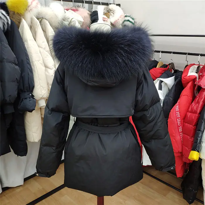 White Down Coat Winter Woman Fashion New Hooded Fur Collar Warm Thicken Cotton Clothing Casual Parkas Belt Overcoat f1401