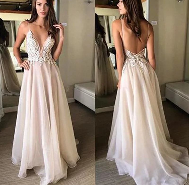 

Beach Wedding Dress 2020 trouwjurk Spaghetti Straps With Appliques Sexy Bride Dress Backless Vestido De Novia robe mariage