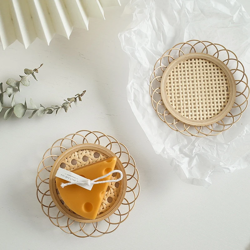 

Simple Style Drink Cup Coasters Japanese Mat Dining Table Placemat Bamboo Woven Saucer Mat Non-slip Pot Holder Rattan Woven Cup
