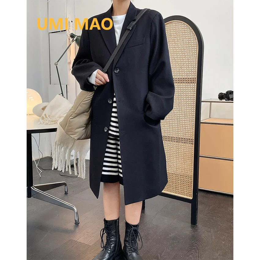 

UMI MAO Korean Fashion Autumn Winter New Style Trend Single-breasted Trench Loose Long Blazers Coat Female Y2K
