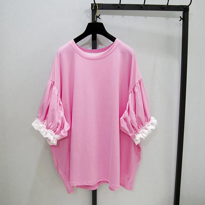 

2021 Spring Summer New Short-Sleeved T-shirt Loose Lace Original Female Tee Top Lantern Sleeve Fashion Solid Bottoming Shirt