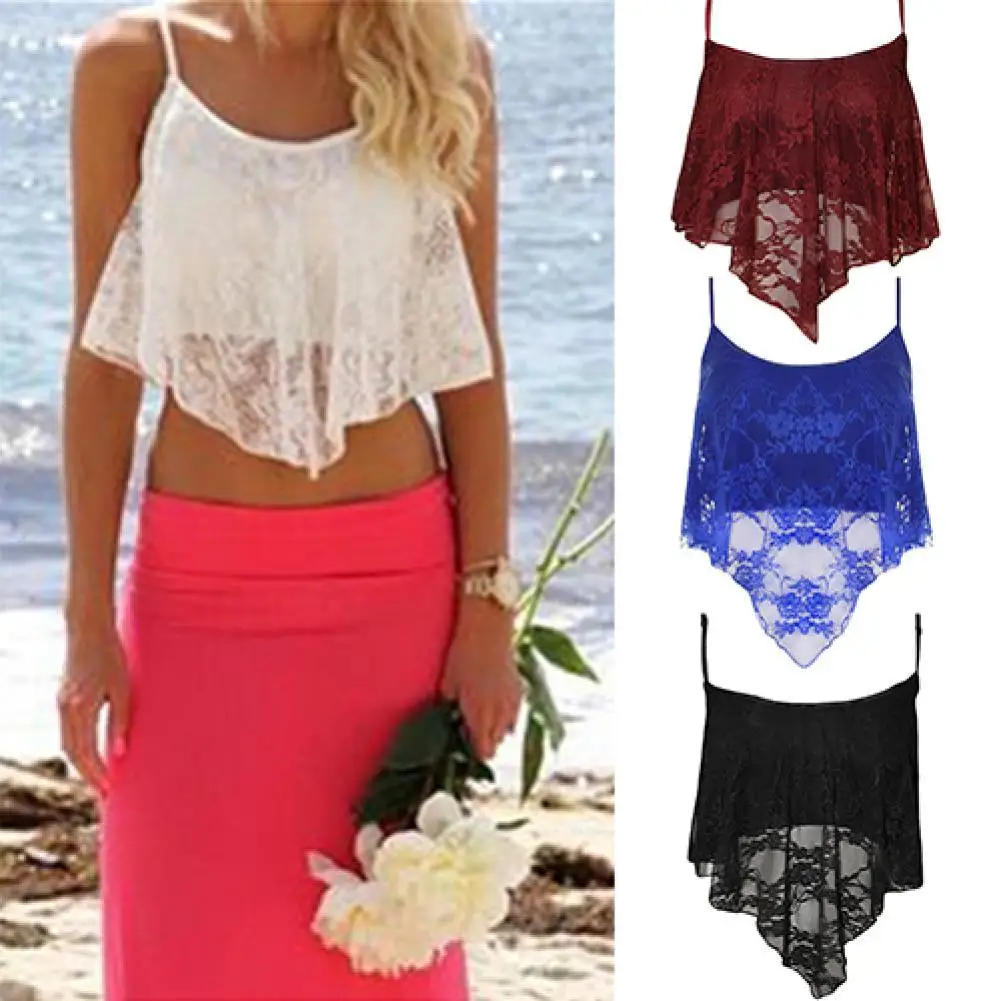 

HOT SALES!!! Women Summer Sexy Spaghetti Strap Crop Top Lacees Floral Irregular Hem Camisole