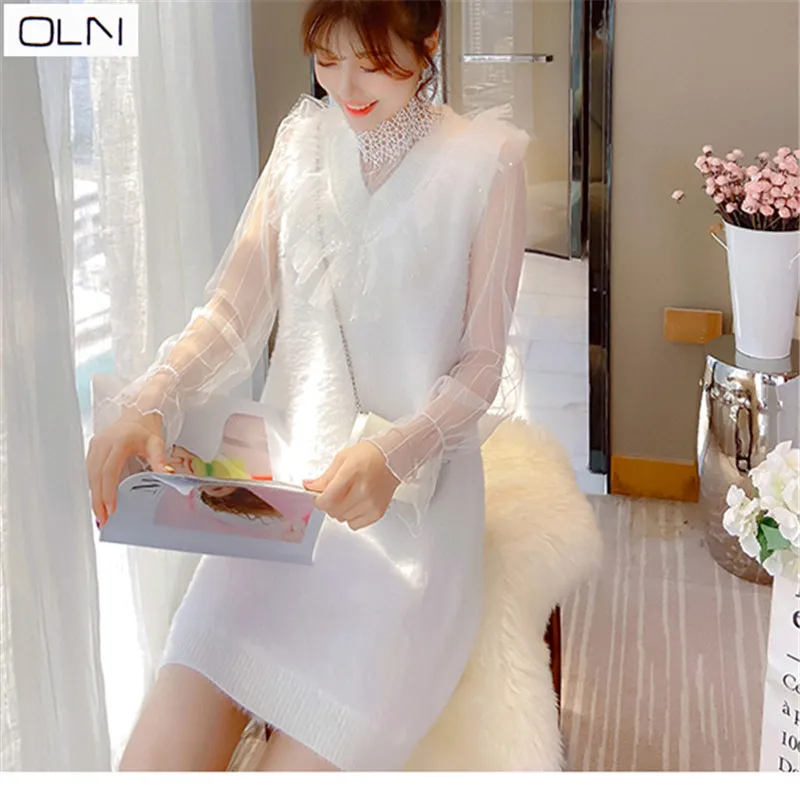 Осень Зима OLN корейский новый оптовый мохер шить бутон шелковое газовое платье