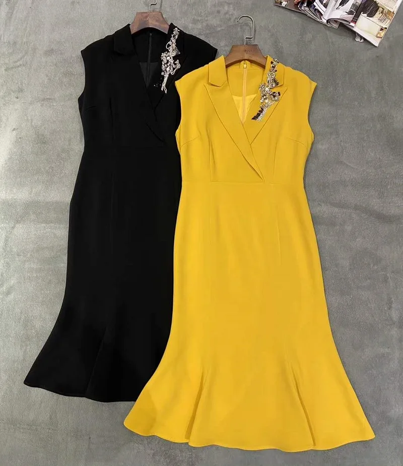 

Vestidos De Fiesta 2020 Summer Party Cocktail Women Notched Collar Crystal Beading Deco Sleeveless Black Yellow Dress Mermaid