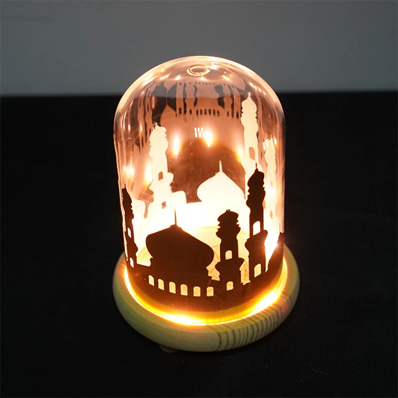 

LED Eid Mubarak Decor Stereo Palace in A Glass Dome on A Wooden Base for Ramadan and EID Decorations Ramadan Lamp Party Supplies