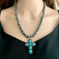 fashion women bohemian jewelry beads handmade turquoise stone embellishment cross cactus bull skull pendent necklace