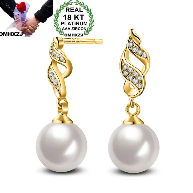 

OMHXZJ Wholesale Personality Fashion OL Woman Girl Gift Pearl White Rose Gold Zircon 18KT Gold Stud Earrings YE65