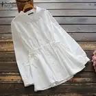 Женская блуза на пуговицах ZANZEA, повседневная однотонная туника с отворотом и воротником, с эластичной резинкой на талии, для размера плюс