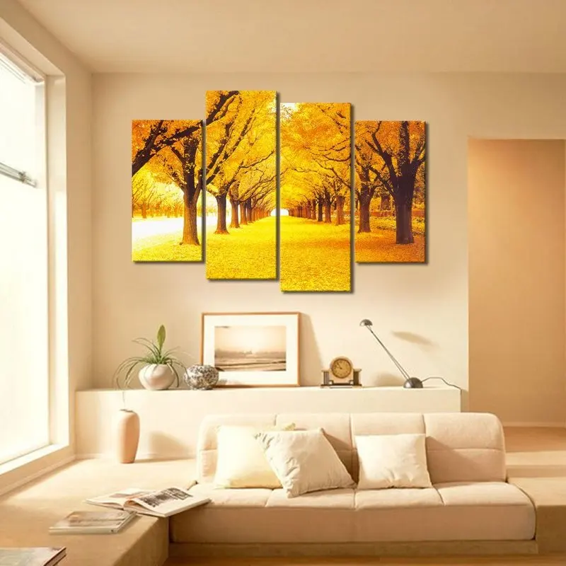 

4 Panels Canvas Wall Art Painting Golden Leaves Trees Print Home Decor Poster Modern Living Room Decoration Pictures