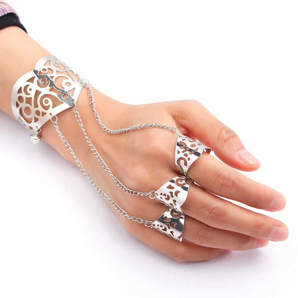 Модный панк золотой полый браслет с цепочкой на руку ювелирное изделие запястье