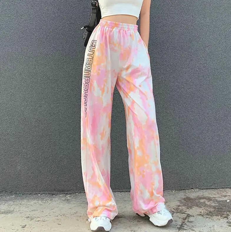 

Autumn new style letter printing loose elastic high waist tie-dye trousers women