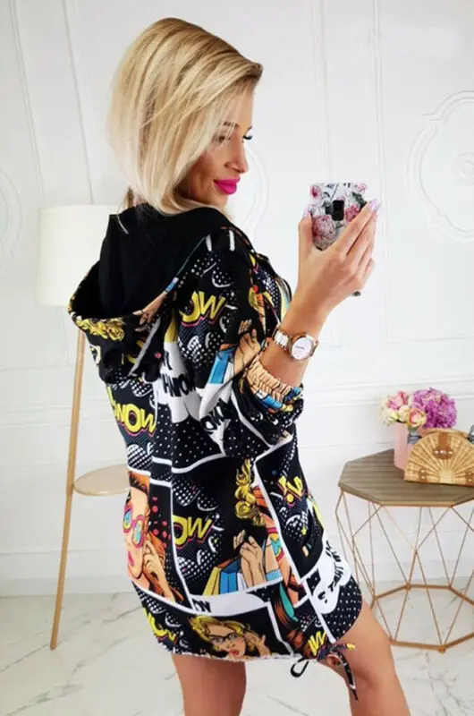 Новая модная женская куртка пальто с принтом и длинным рукавом на молнии