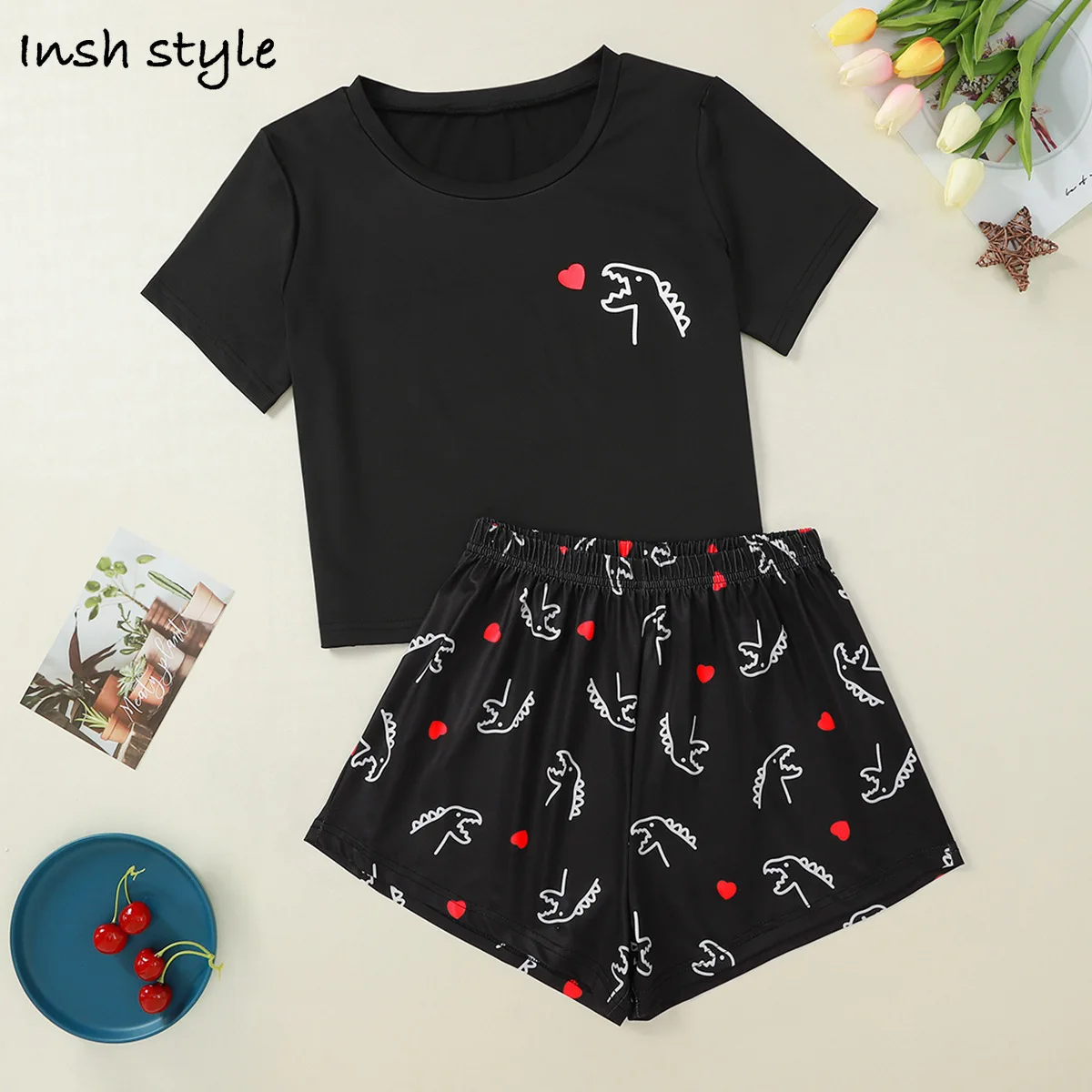 

Женский летний пижамный комплект с круглым вырезом, с рукавом