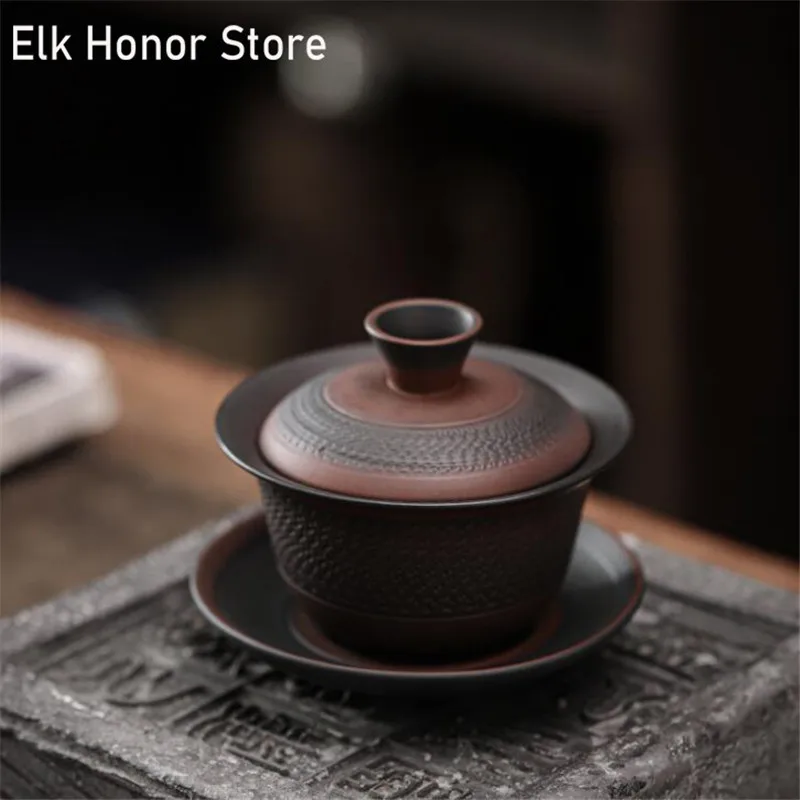 

Vintage Purple Pottery GaiWan Handmade Coarse Ceramic Tea Tureen Tea Bowl With Saucer Lid Kit Master Teaware Kung Fu Tea As Gift