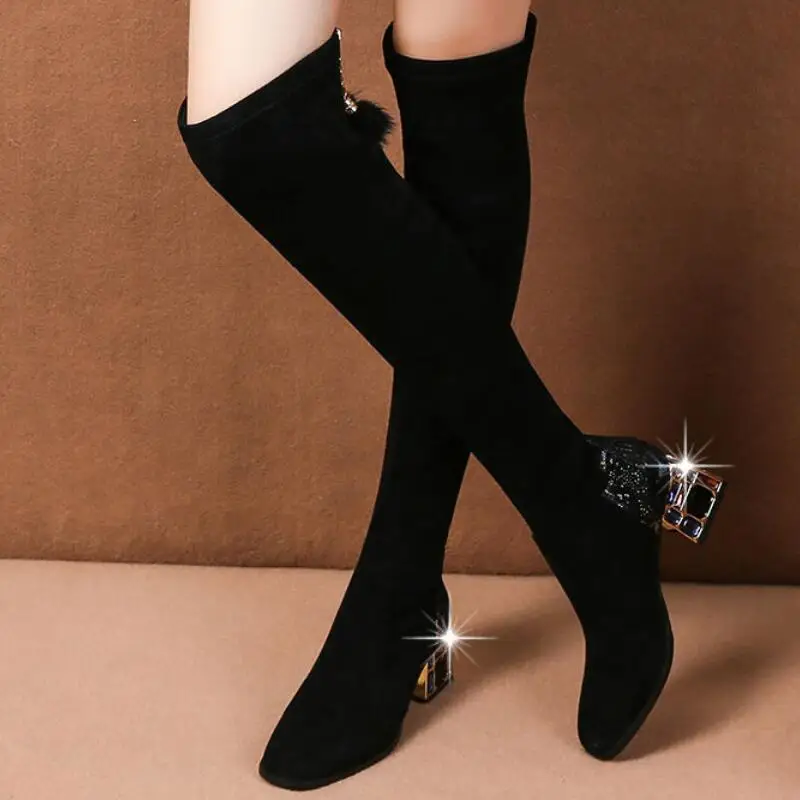 Пикантные Женские Сапоги выше колена со вставками из Стразы квадратный на