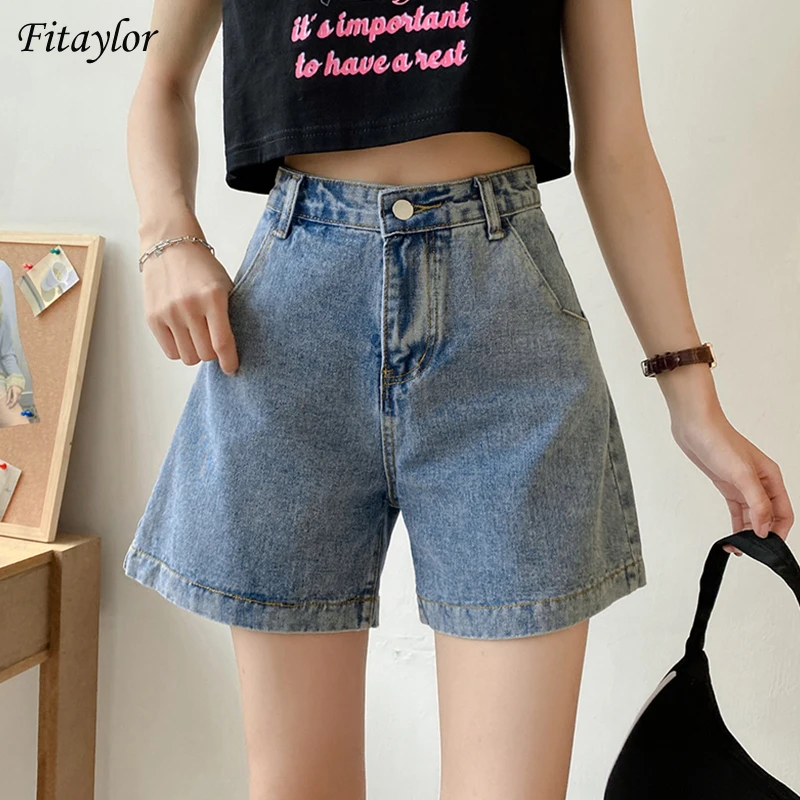 

Fitaylor New Spring Summer Women Vintage Wide Leg Blue Denim Shorts Casual Female Loose High Waist Button Ladies Jeans Shorts