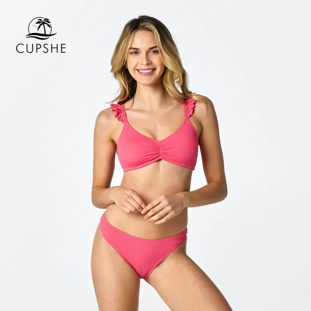 

CUPSHE Ruffle Low Waist Bikini Sets For Women Solid Pink Sexy Backless Swimsuit Two Pieces Swimwear 2022 Bathing Suits Beachwear