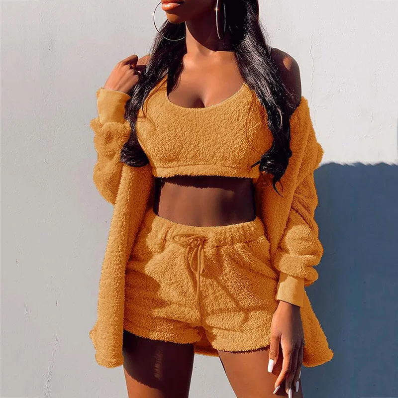 3Pcs Sets Women Winter Outfits Plush Warm Sexy Long Sleeve Pyjamas Sports Sweatshirt Homewear Crop Top Vest Shorts Set Tracksuit |