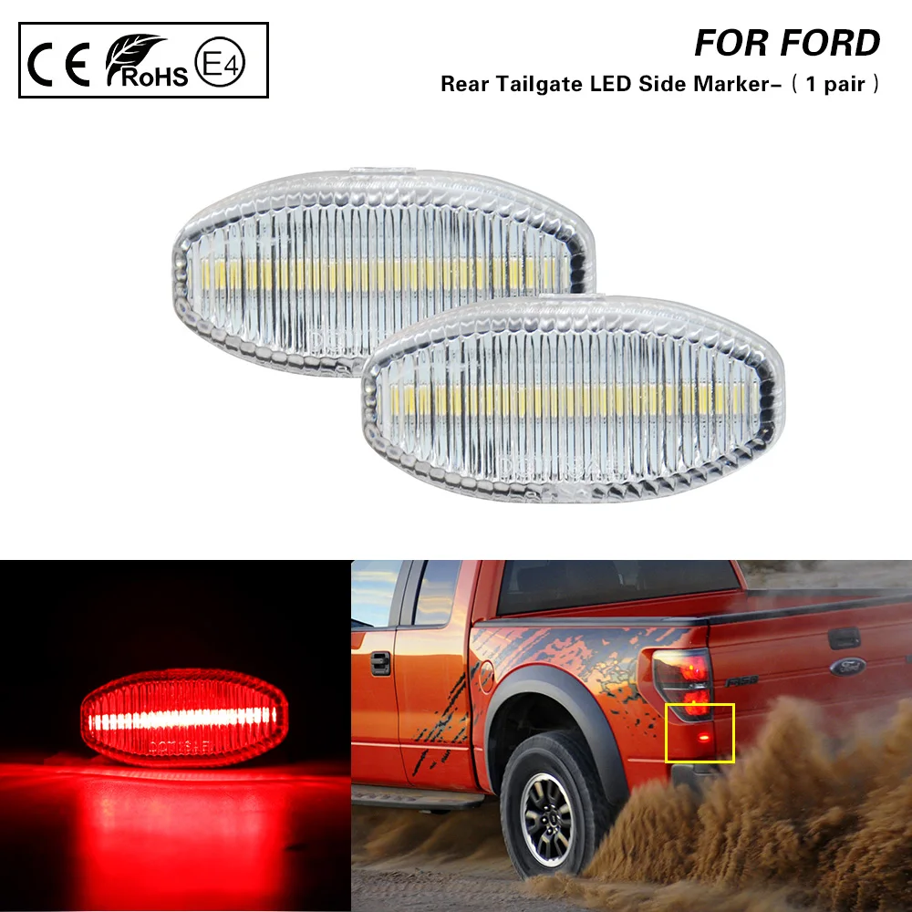 

2X Clear Rear Tailgate LED Side Marker light lamp Red light For Ford F150 SVT Raptor 2010-2014