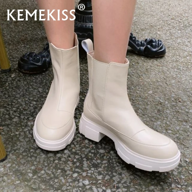 

Модные женские ботильоны KemeKiss из натуральной кожи, обувь с круглым носком и квадратным каблуком, обувь без застежки на толстой подошве, разм...