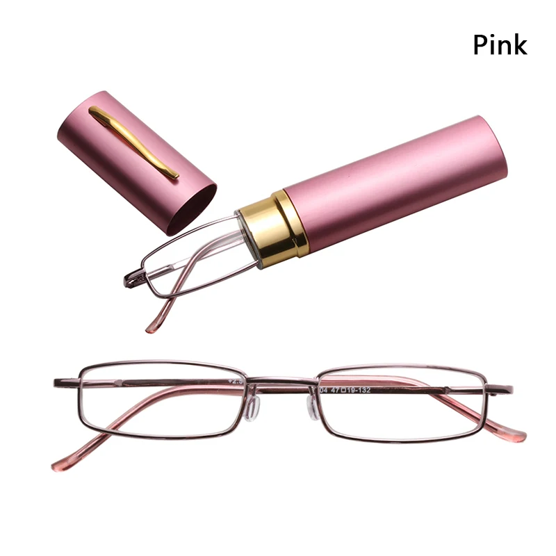 Pink 1.5 Slim Tube Cases Reading Glasses Men Women Metal Small Frame Clear Lens Portable Hangable Pocket Presbyopic Glasses Accessories - Цвет: Pink 1.5