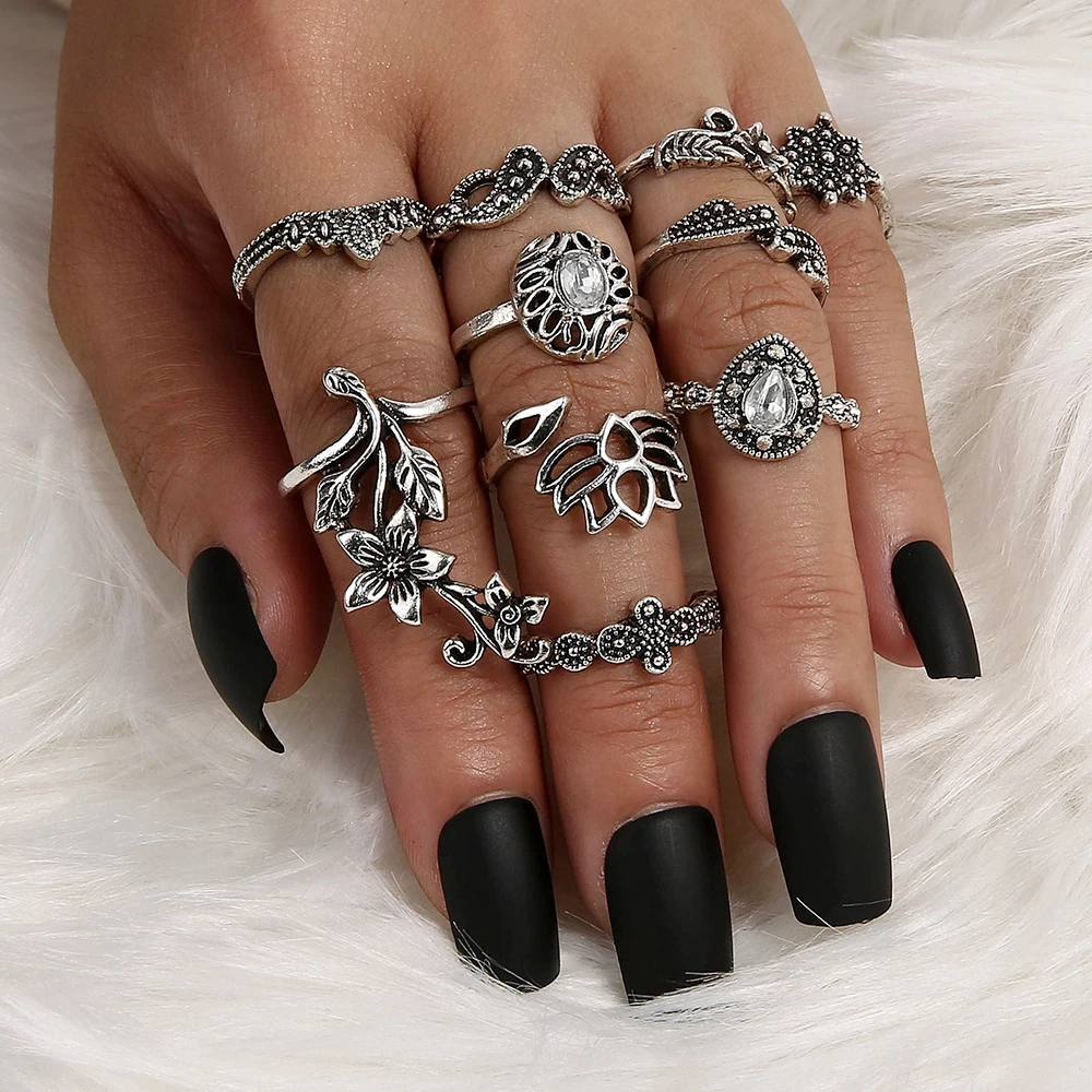 

10 Pcs/set Retro Flower Infinite Knuckle Rings For Women Vintage Geometric Pattern Crystal Rings Set Party Bohemian Jewelry