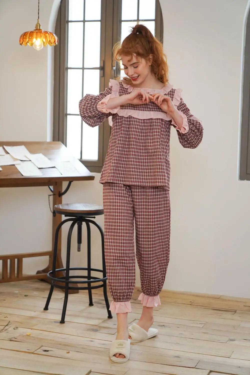 Весенняя хлопковая розовая клетчатая кружевная Домашняя одежда удобный и