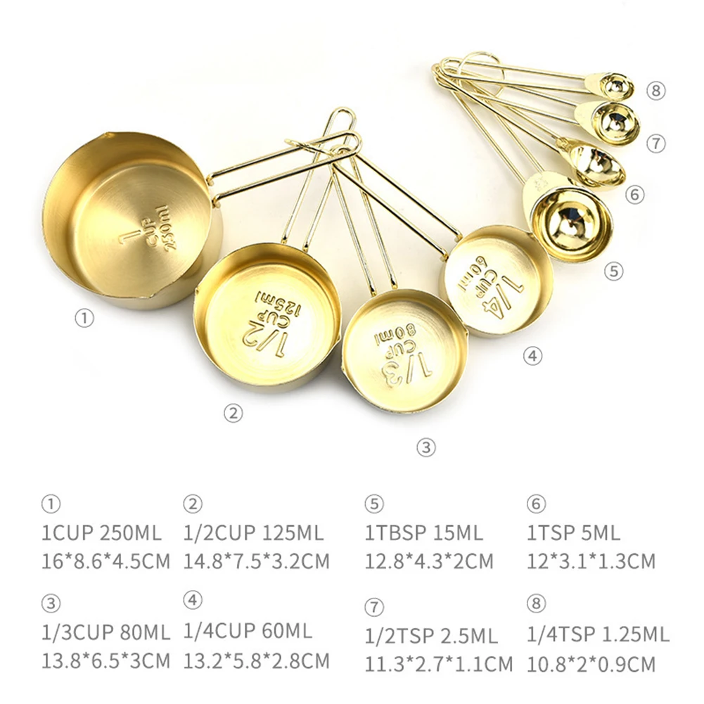 

4 Pieces Rose Gold Measuring Cup Spoon with Scale with Thickened Wooden Handle Stainless Steel Copper Plated Baking Tools
