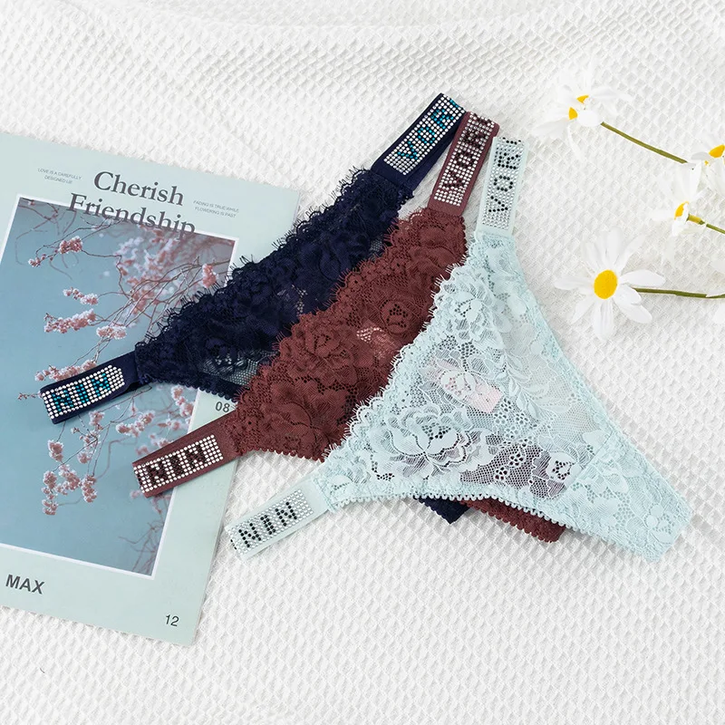 Стразы сексуальные трусики стринги женские дышащие кружевные T-образные брюки