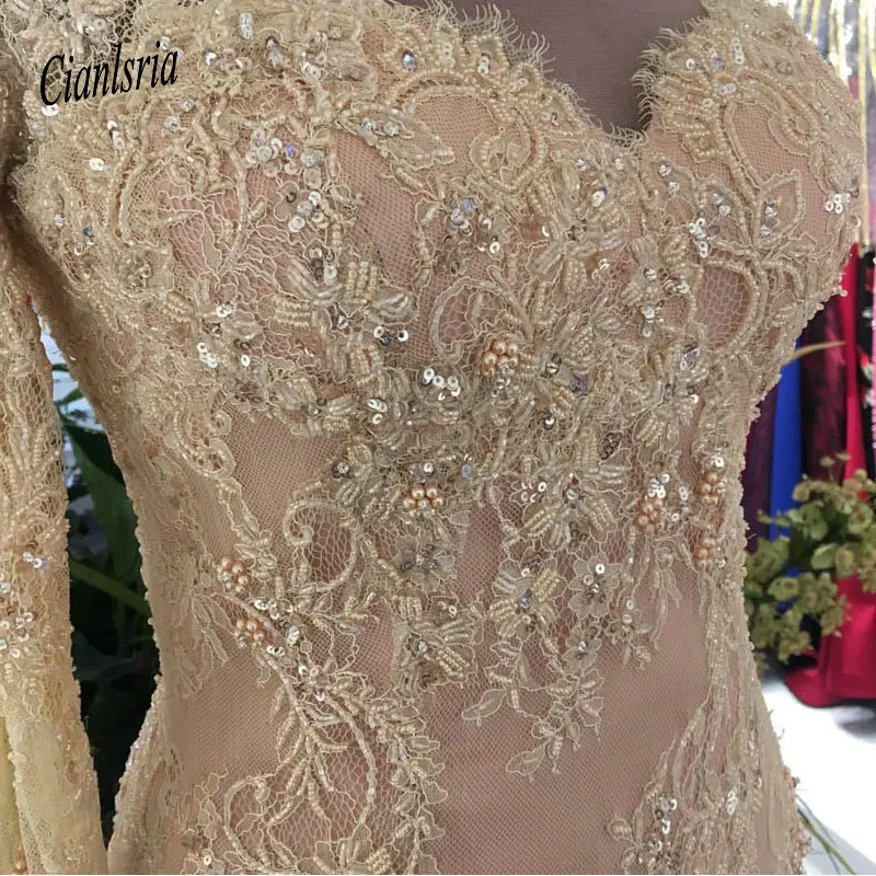 Arabic Luxurious Mermaid Lace Prom Dresses Sheer Neck Long Sleeves Beaded Mother Of Groom Sexy Evening Gown | Свадьбы и торжества