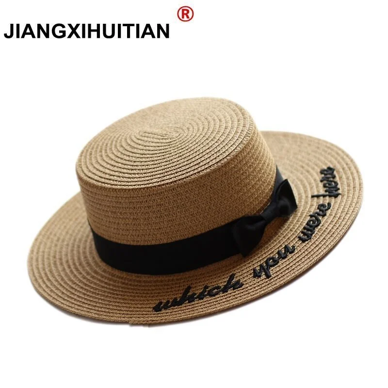 

Summer new Embroidery Letter Boater Hat Ribbon Round Bow Flat Top Wide Brim Straw Hat Women Fedora Panama Hat free shipping