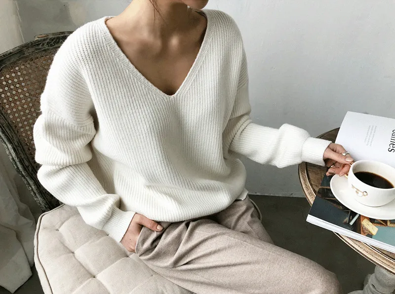 

2020 New Winter Casual V-neck Loose Chic Women Pullover Sweaters Autumn Knitting Irregular Hem Female Long Sleeve Warmth Jumpers