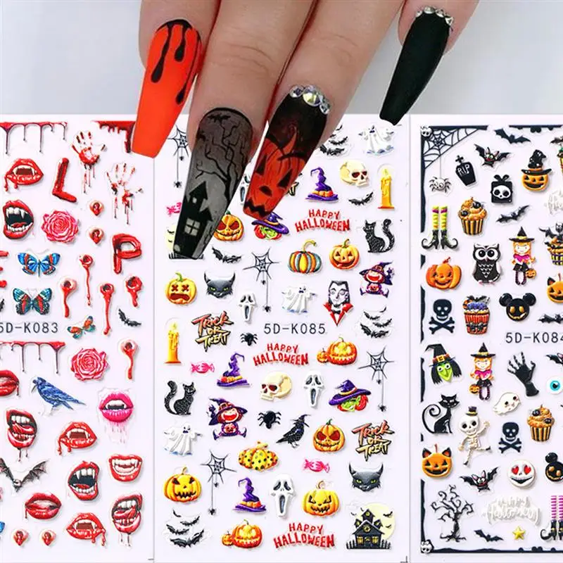 

5 Sheet 5D Halloween Nail Sticker Water Self Adhesive Nail Art Tattoo Big Lips Palms Decals For DIY Decor Wraps Manicure
