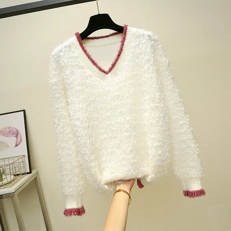 BOBOKATEER Fashion Autumn Winter Loose Pink Kawaii V neck Sweater Women Clothes White Fluffy Female Pullover New 2019 | Женская одежда