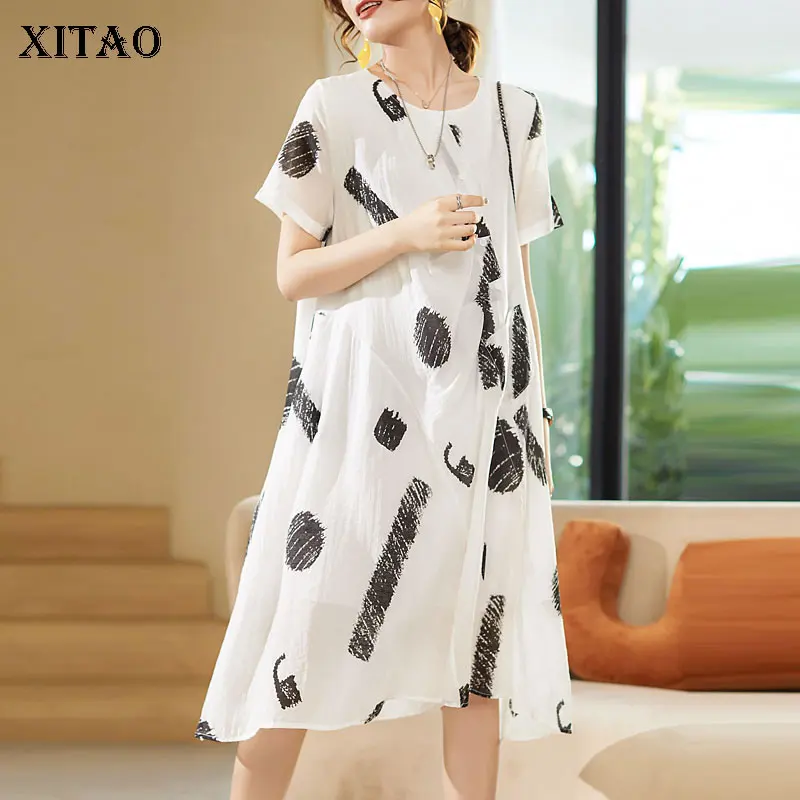 

XITAO тонкое платье с принтом размера плюс перспектива богиня веер Повседневный плиссированный пуловер 2021 летнее платье WMD1754