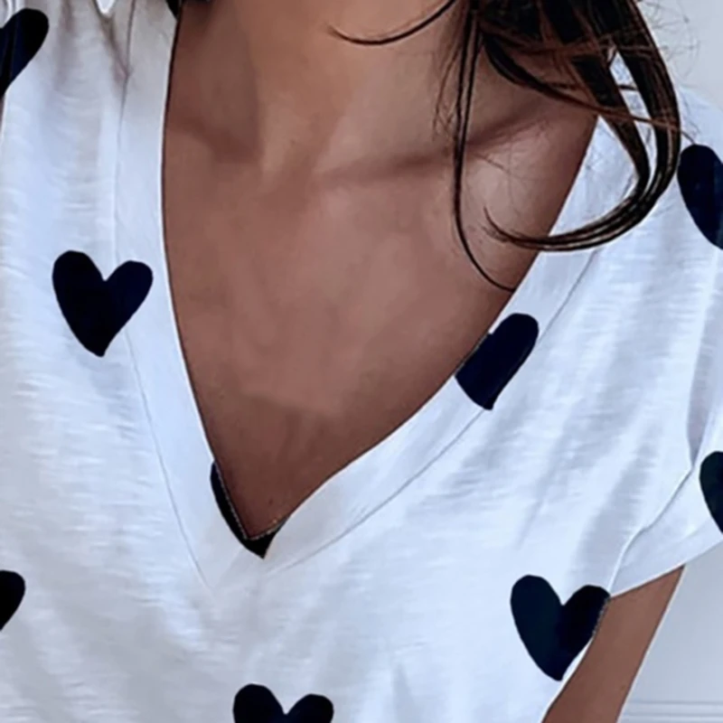 

Heart Print Women Shirt Blouse Plus Size 2021Casual Summer Short Sleeve Loose Shirt Ladies Streetwear Tops Blusa Clothing